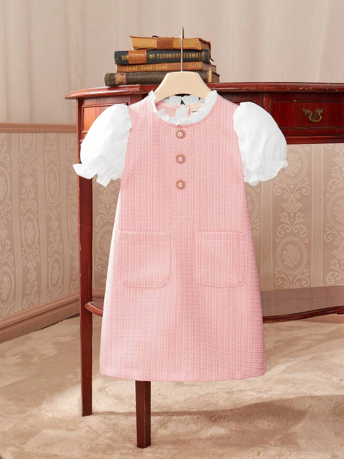 Girls' A-Line Short Sleeve Dress With Lace Collar, Princess Style