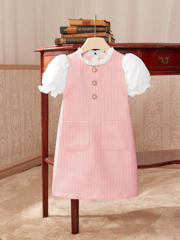 Girls' A-Line Short Sleeve Dress With Lace Collar, Princess Style