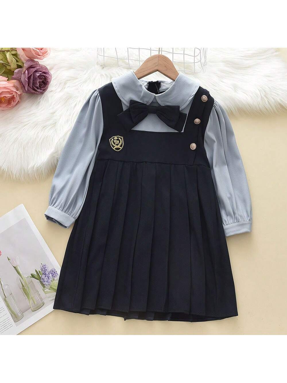 Girls' Academy Style Shirt Dress With Fake Two-Piece, Autumn Princess Dress