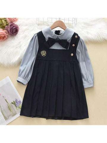 Girls' Academy Style Shirt Dress With Fake Two-Piece, Autumn Princess Dress