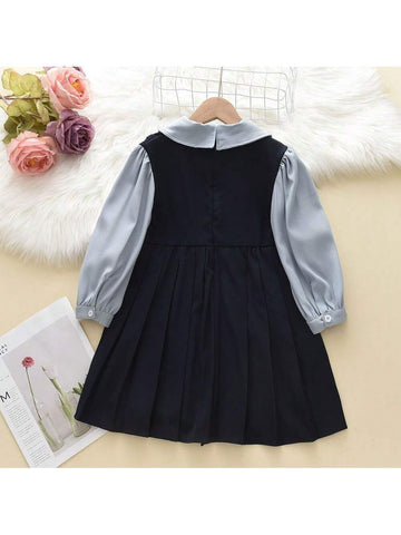 Girls' Academy Style Shirt Dress With Fake Two-Piece, Autumn Princess Dress