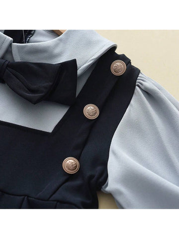 Girls' Academy Style Shirt Dress With Fake Two-Piece, Autumn Princess Dress