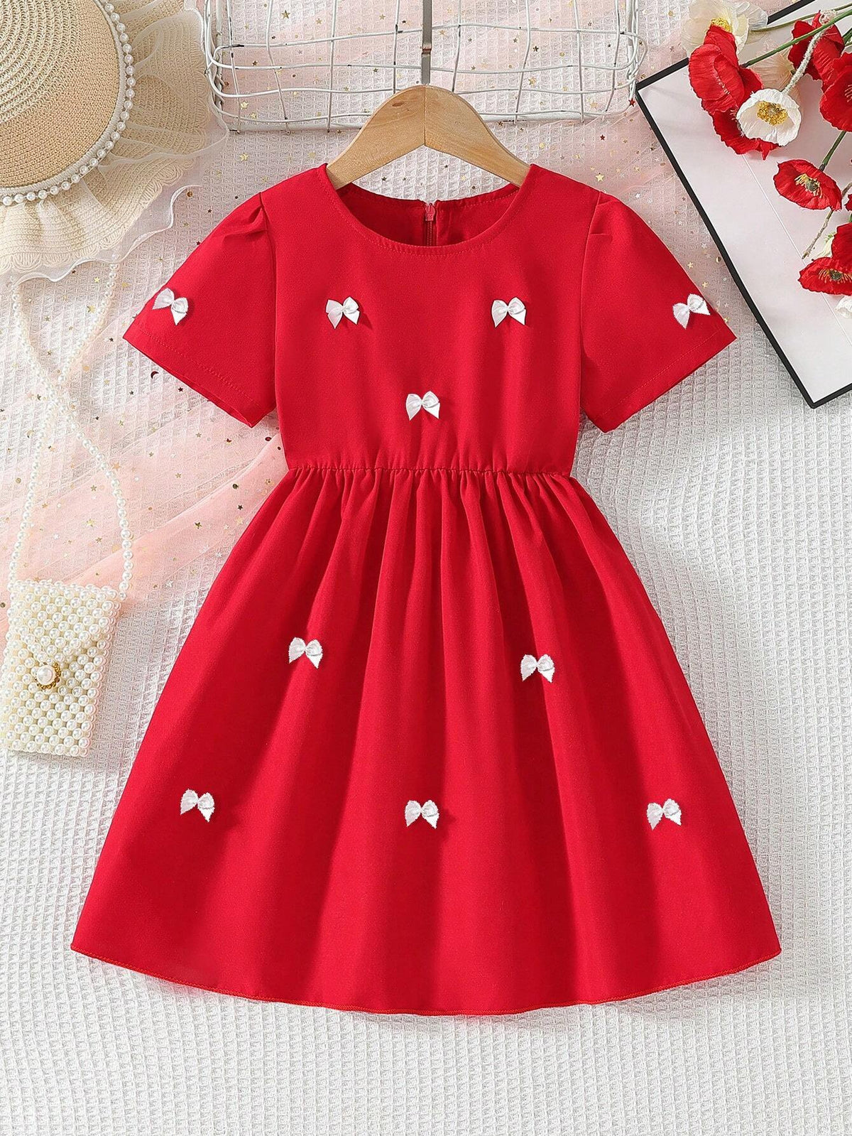 Girls' Adorable Bow Decor Round Neck Puff Sleeve Dress, Elegant & Fashionable, Suitable For School And Outdoor Activity, Summer