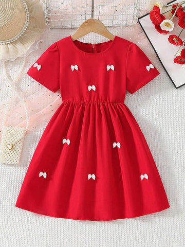 Girls' Adorable Bow Decor Round Neck Puff Sleeve Dress, Elegant & Fashionable, Suitable For School And Outdoor Activity, Summer