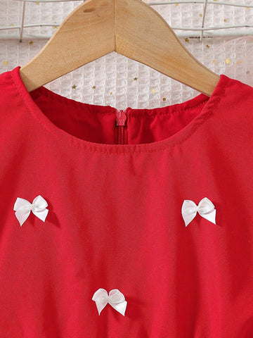Girls' Adorable Bow Decor Round Neck Puff Sleeve Dress, Elegant & Fashionable, Suitable For School And Outdoor Activity, Summer