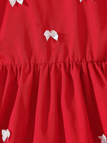 Girls' Adorable Bow Decor Round Neck Puff Sleeve Dress, Elegant & Fashionable, Suitable For School And Outdoor Activity, Summer