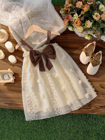 Girls' Adorable Bowknot Decorated Embroidered Sundress, Perfect For Vacation, Travel, And Summer Parties