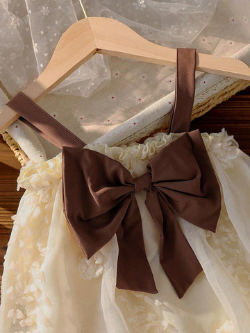 Girls' Adorable Bowknot Decorated Embroidered Sundress, Perfect For Vacation, Travel, And Summer Parties