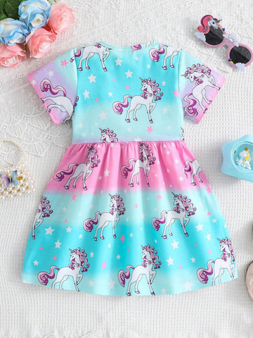 Girls' Adorable Unicorn Print Crew Neck Short Sleeve Casual Dress, Summer