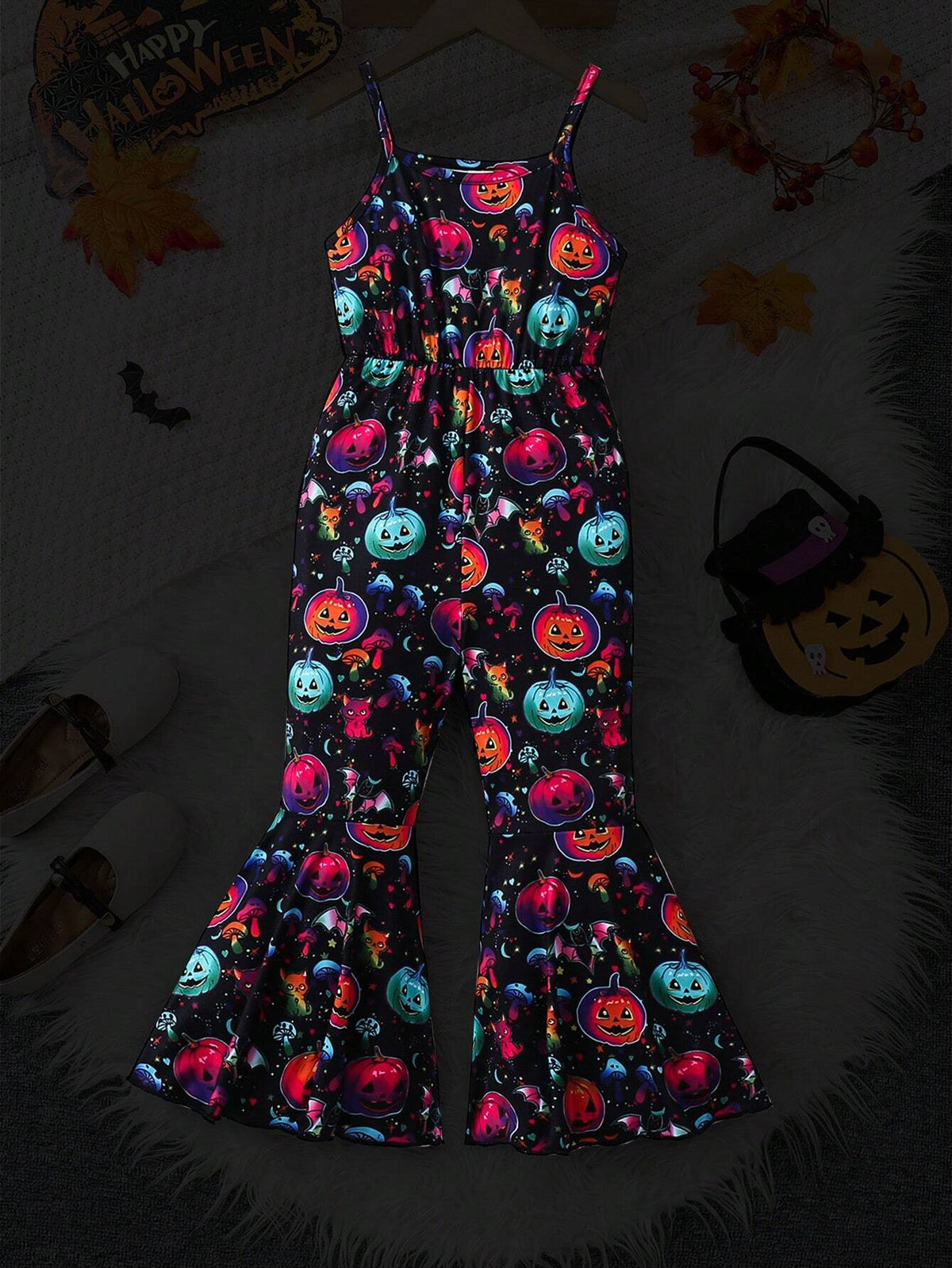 Girl's All-In-One Jumpsuit With Glow-In-The-Dark Pumpkin Print, Suitable For Halloween Party, Fashionable And Casual, Spring/Fall/Winter