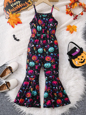 Girl's All-In-One Jumpsuit With Glow-In-The-Dark Pumpkin Print, Suitable For Halloween Party, Fashionable And Casual, Spring/Fall/Winter