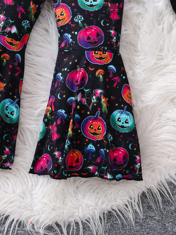Girl's All-In-One Jumpsuit With Glow-In-The-Dark Pumpkin Print, Suitable For Halloween Party, Fashionable And Casual, Spring/Fall/Winter