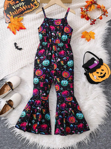 Girl's All-In-One Jumpsuit With Glow-In-The-Dark Pumpkin Print, Suitable For Halloween Party, Fashionable And Casual, Spring/Fall/Winter