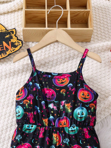 Girl's All-In-One Jumpsuit With Glow-In-The-Dark Pumpkin Print, Suitable For Halloween Party, Fashionable And Casual, Spring/Fall/Winter