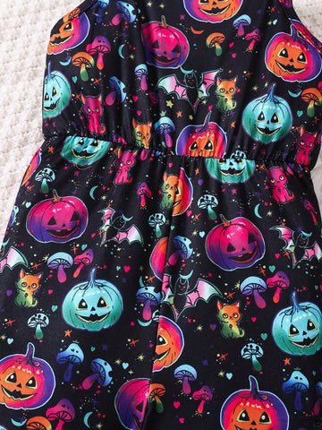 Girl's All-In-One Jumpsuit With Glow-In-The-Dark Pumpkin Print, Suitable For Halloween Party, Fashionable And Casual, Spring/Fall/Winter