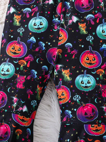 Girl's All-In-One Jumpsuit With Glow-In-The-Dark Pumpkin Print, Suitable For Halloween Party, Fashionable And Casual, Spring/Fall/Winter