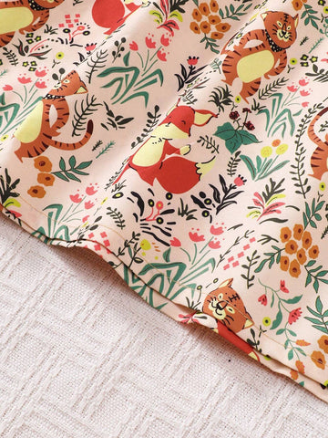 Girls' All Over Cartoon Animal And Floral Print Long Sleeve Dress With Half Cardigan, Casual Style Autumn Winter
