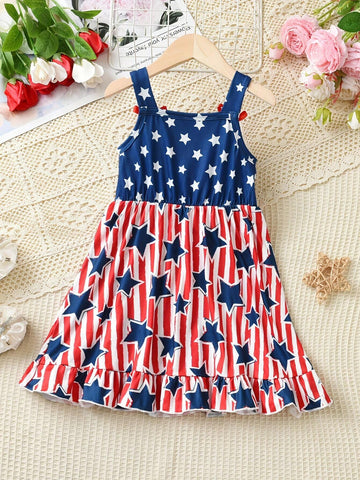Girls American Bow Straps Cami Dress With Elastic Waist For 4th Of July Outfit