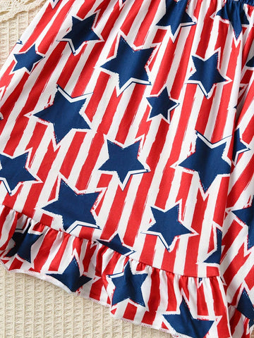 Girls American Bow Straps Cami Dress With Elastic Waist For 4th Of July Outfit