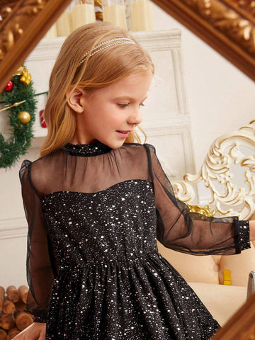 Girls And Young Girl Elegant Luxurious Ball Gown Black & Silver Foil Mesh Panel Long Sleeve Empire Waist Dress