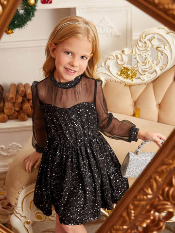 Girls And Young Girl Elegant Luxurious Ball Gown Black & Silver Foil Mesh Panel Long Sleeve Empire Waist Dress