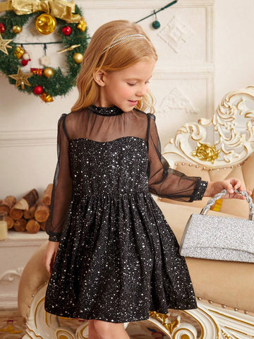Girls And Young Girl Elegant Luxurious Ball Gown Black & Silver Foil Mesh Panel Long Sleeve Empire Waist Dress