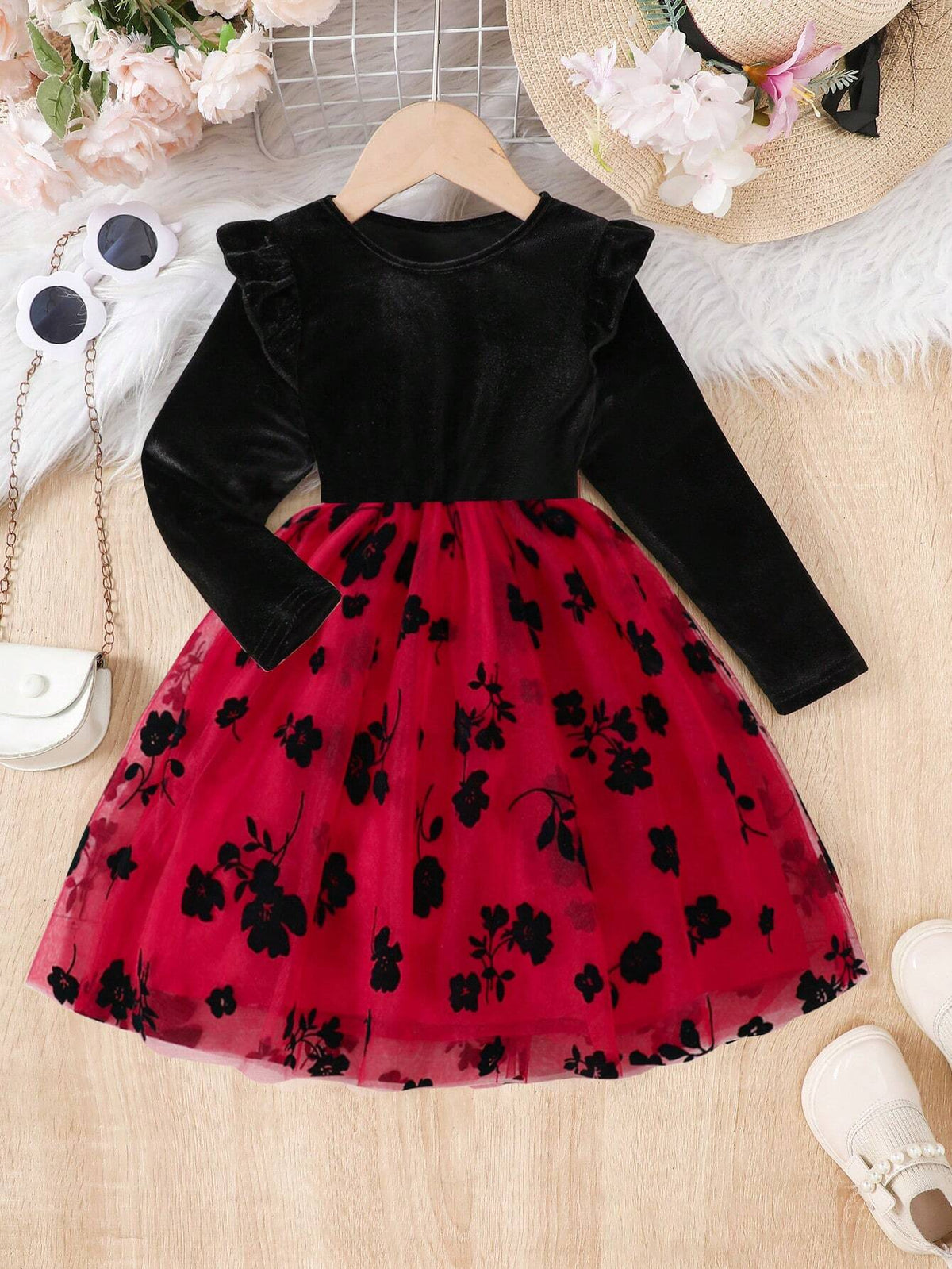 Girls Autumn/Winter Casual Fashion Flocked Long Sleeve Ruffle Floral Printed Mesh Patchwork Dress, Party Gift & Formal Occasion