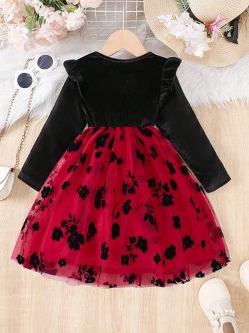 Girls Autumn/Winter Casual Fashion Flocked Long Sleeve Ruffle Floral Printed Mesh Patchwork Dress, Party Gift & Formal Occasion