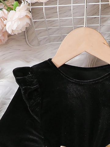 Girls Autumn/Winter Casual Fashion Flocked Long Sleeve Ruffle Floral Printed Mesh Patchwork Dress, Party Gift & Formal Occasion