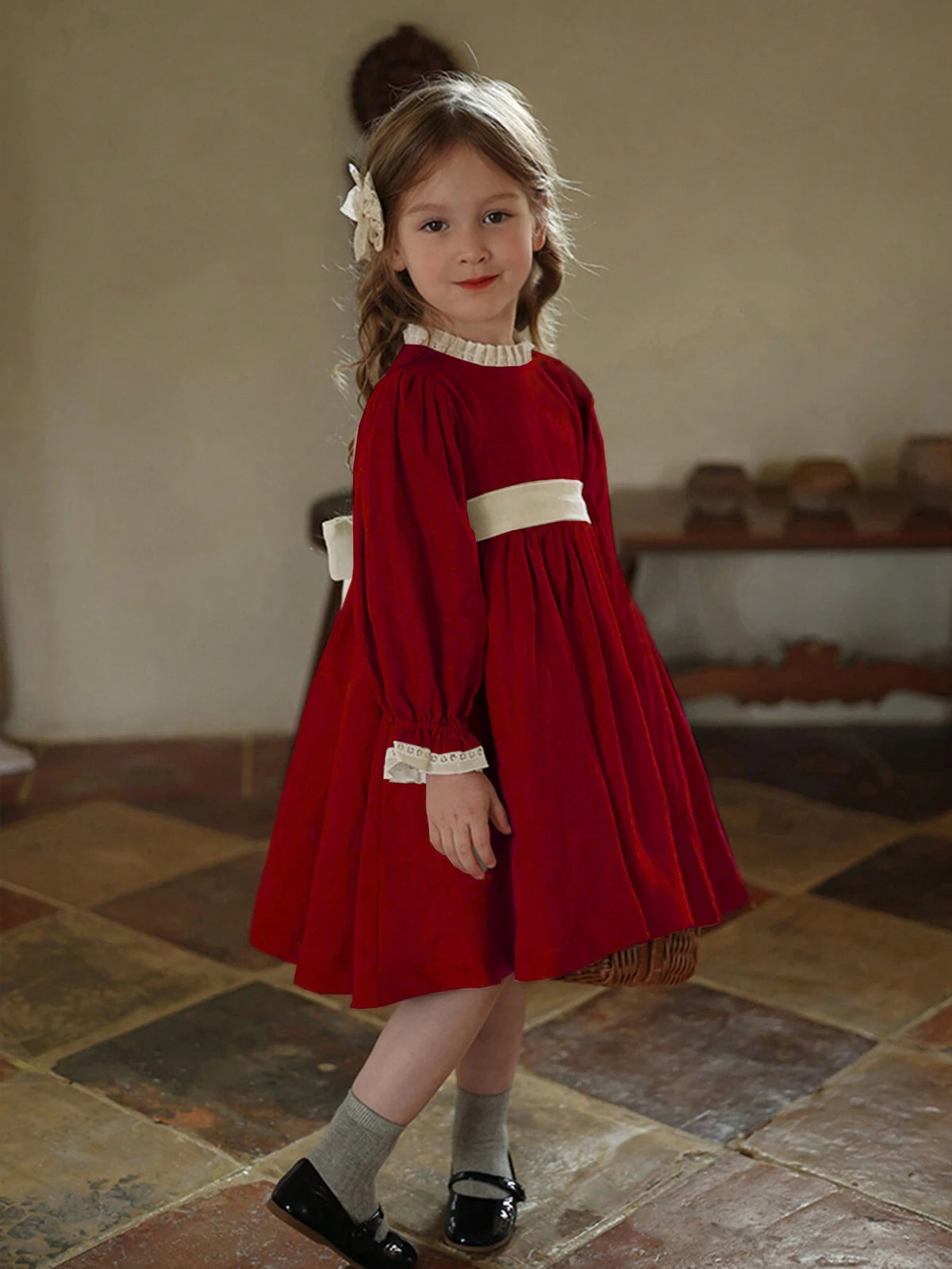 Girls Autumn/Winter Color Blocking Lace Trim Princess Dress, Children Retro Palace Style Birthday Party Dress