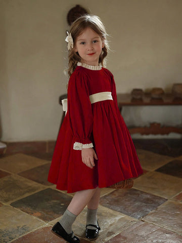 Girls Autumn/Winter Color Blocking Lace Trim Princess Dress, Children Retro Palace Style Birthday Party Dress