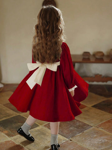 Girls Autumn/Winter Color Blocking Lace Trim Princess Dress, Children Retro Palace Style Birthday Party Dress