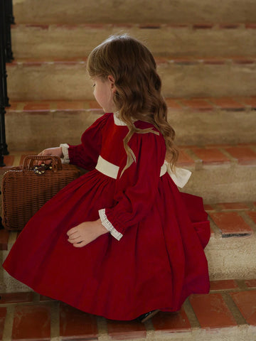 Girls Autumn/Winter Color Blocking Lace Trim Princess Dress, Children Retro Palace Style Birthday Party Dress