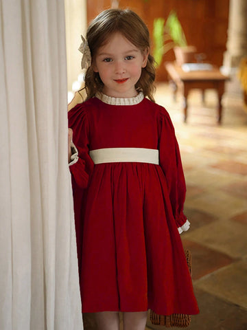 Girls Autumn/Winter Color Blocking Lace Trim Princess Dress, Children Retro Palace Style Birthday Party Dress