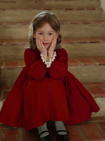 Girls Autumn/Winter Color Blocking Lace Trim Princess Dress, Children Retro Palace Style Birthday Party Dress