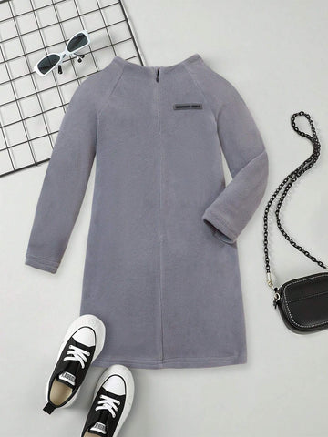 Girls Autumn/Winter Dress, Versatile, Elegant, Cute Street Style, Round Neck/High Collar Zipper Long Sleeve Cotton Blend Fitted Casual Dress