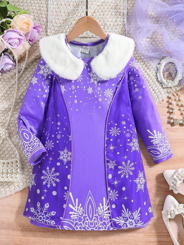 Girls' Autumn/Winter Fashion Cute Dress, Girls Snow Flake Print With Detachable Fluffy Collar, Round Neck Long Sleeve Knitted Dress