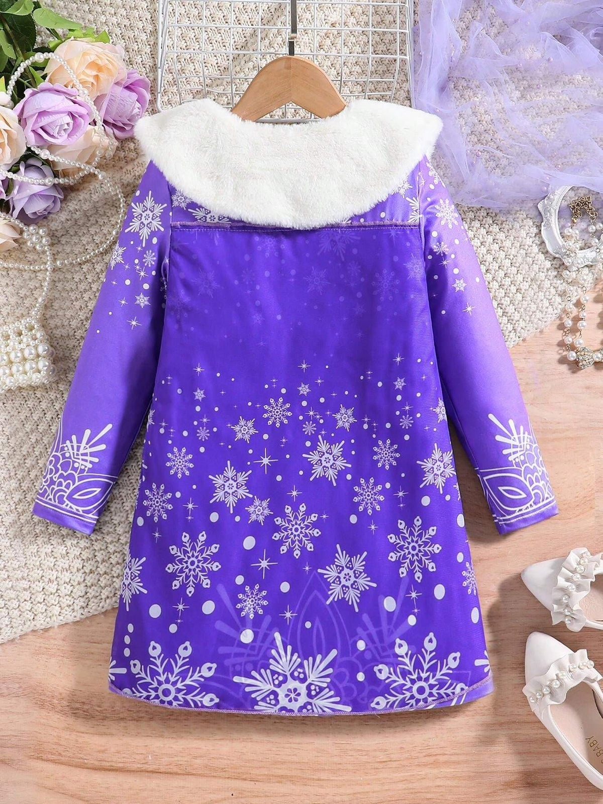 Girls' Autumn/Winter Fashion Cute Dress, Girls Snow Flake Print With Detachable Fluffy Collar, Round Neck Long Sleeve Knitted Dress