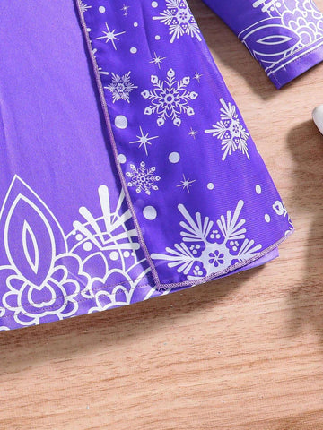 Girls' Autumn/Winter Fashion Cute Dress, Girls Snow Flake Print With Detachable Fluffy Collar, Round Neck Long Sleeve Knitted Dress