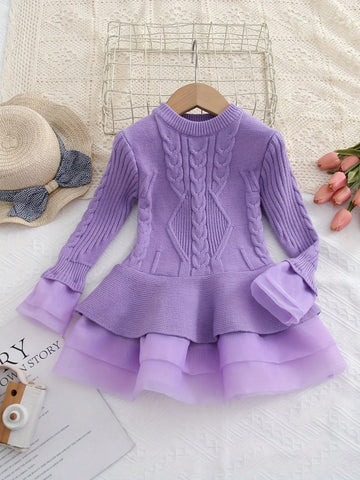 Girls Autumn/Winter Knitted Long Sleeve Princess Elegant Organza Sweater Dress