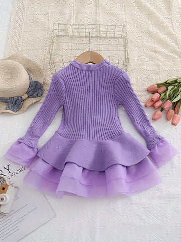 Girls Autumn/Winter Knitted Long Sleeve Princess Elegant Organza Sweater Dress