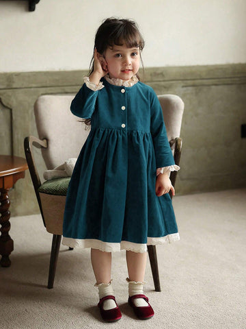 Girls Autumn/Winter Velvet Color Block Lace Trim Collar Dress, Christmas, New Year, Birthday Party Princess Dress
