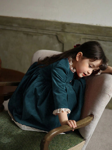 Girls Autumn/Winter Velvet Color Block Lace Trim Collar Dress, Christmas, New Year, Birthday Party Princess Dress