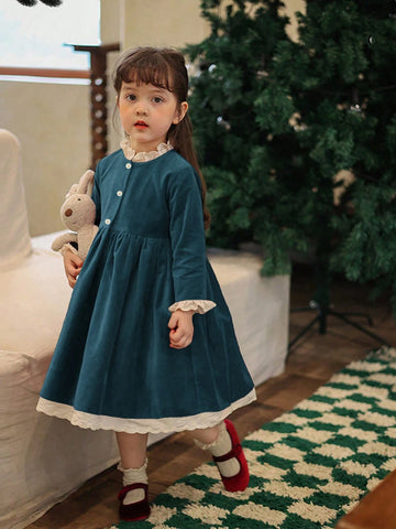 Girls Autumn/Winter Velvet Color Block Lace Trim Collar Dress, Christmas, New Year, Birthday Party Princess Dress
