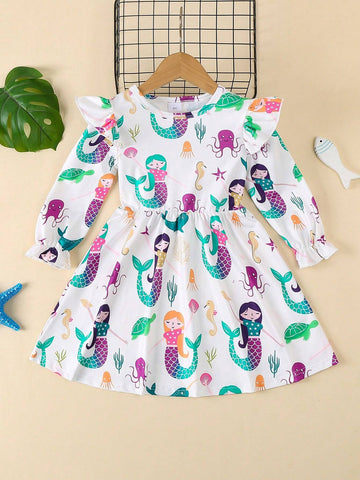 Girls Autumn Casual Dress, Cute Small Cap Sleeve Mermaid Cartoon Print Round Neck Midi Dress, Fits Toddler And Little Girls Spring/Fall