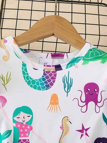 Girls Autumn Casual Dress, Cute Small Cap Sleeve Mermaid Cartoon Print Round Neck Midi Dress, Fits Toddler And Little Girls Spring/Fall