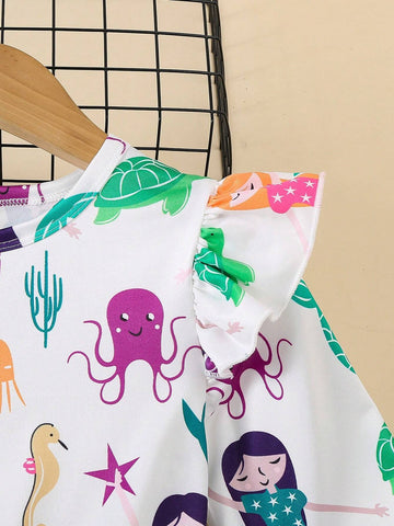 Girls Autumn Casual Dress, Cute Small Cap Sleeve Mermaid Cartoon Print Round Neck Midi Dress, Fits Toddler And Little Girls Spring/Fall