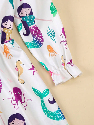 Girls Autumn Casual Dress, Cute Small Cap Sleeve Mermaid Cartoon Print Round Neck Midi Dress, Fits Toddler And Little Girls Spring/Fall