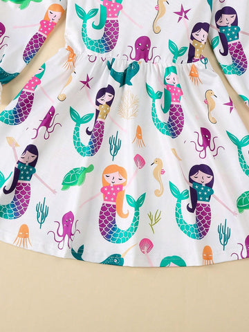 Girls Autumn Casual Dress, Cute Small Cap Sleeve Mermaid Cartoon Print Round Neck Midi Dress, Fits Toddler And Little Girls Spring/Fall