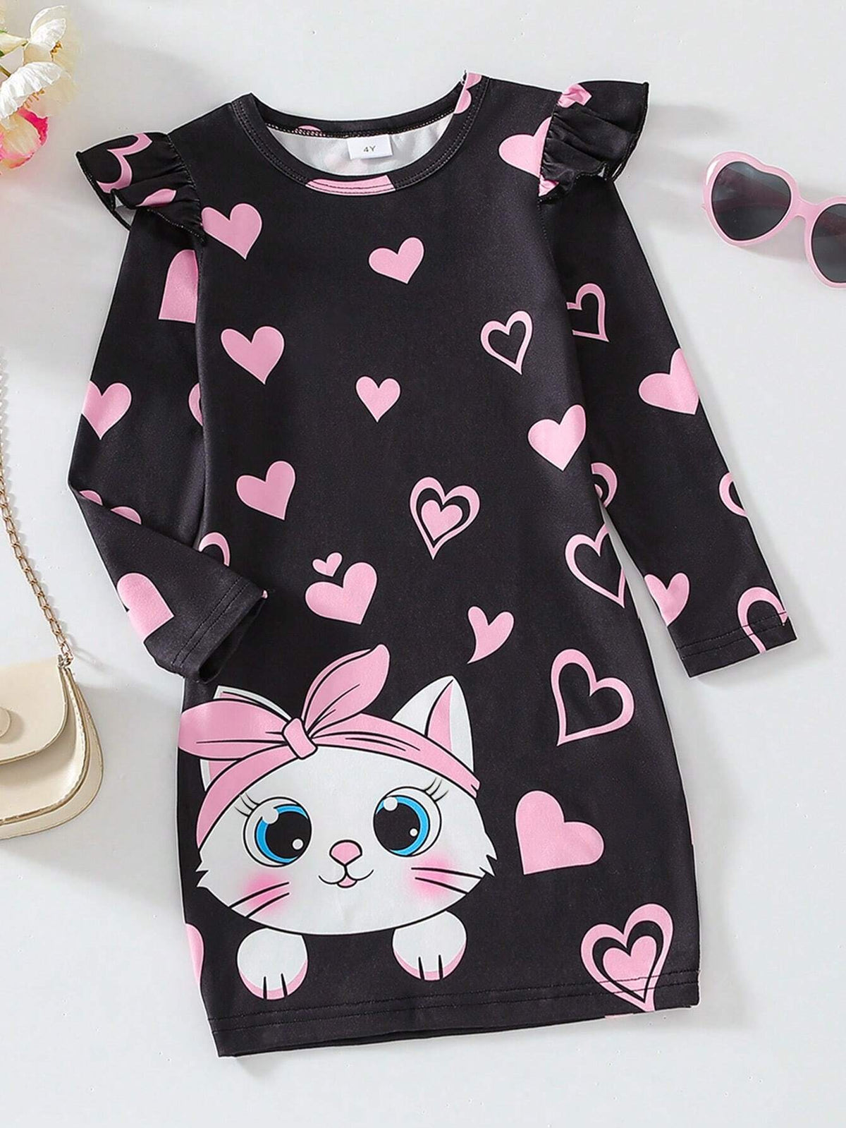 Girls Autumn New Cartoon Cat Print Ruffle Long Sleeve Round Neck Dress, Cute & Cool Casual Midi Dress For Toddlers & Little Young Girl, Spring/Autumn